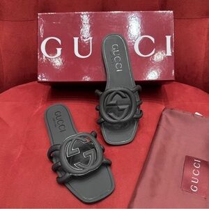 Gucci Black Leather Interlocking G Heeled Slide Sandals